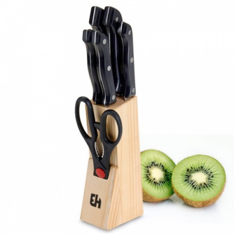 Excellent Houseware Knife Set with Wooden Block Black and Brown Pack of 7 404000030 | Kitchen Knife Set with Scissor | Stainless Steel Blades and Ergonomic Handles | Essential Cooking Utensil Set | 5 Knives and 1 Scissor
