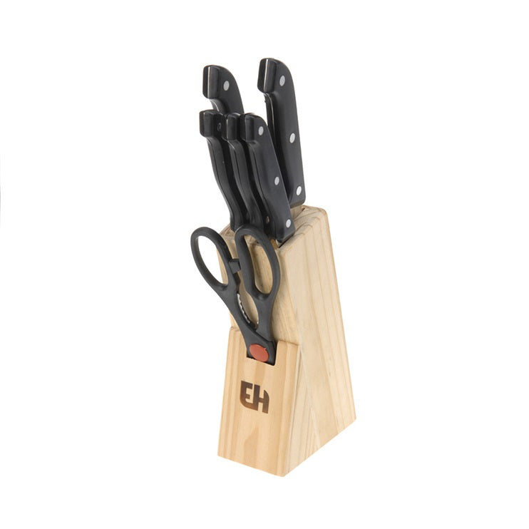 Excellent Houseware Knife Set with Wooden Block Black and Brown Pack of 7 404000030 | Kitchen Knife Set with Scissor | Stainless Steel Blades and Ergonomic Handles | Essential Cooking Utensil Set | 5 Knives and 1 Scissor