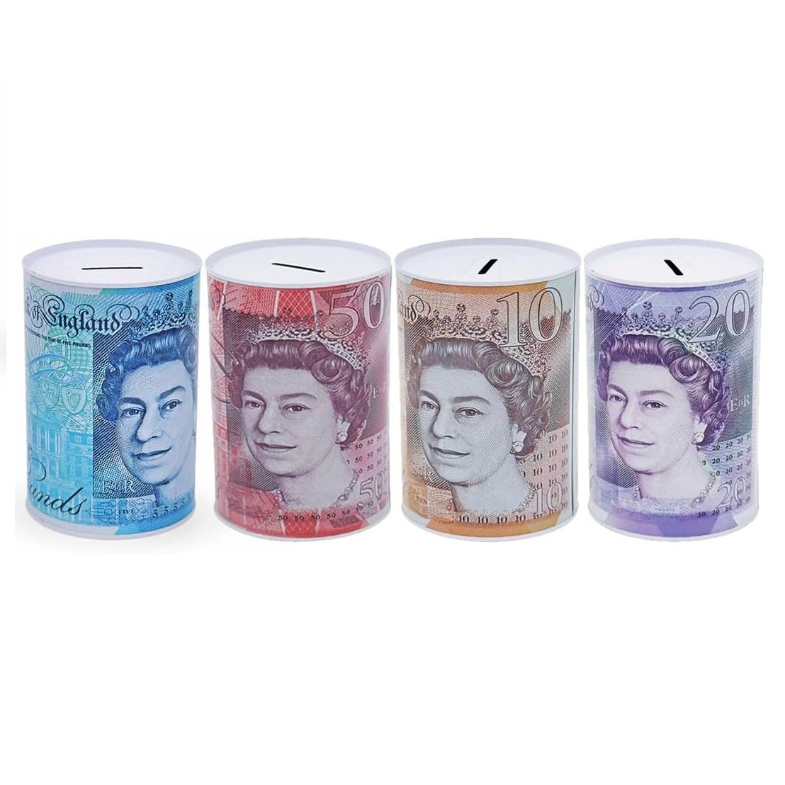 Prima Queen Pound Note Design Money Saving Tin Assorted Colours 15.5cm x 21.5cm Pack of 1 41083-Q | Gift Tin for Coins | Â£10 Â£20 Â£50 Note Print Coin Savings Boxes | Novelty Metal Storage Tins