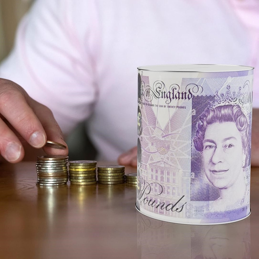 Prima Queen Pound Note Design Money Saving Tin Assorted Colours 15.5cm x 21.5cm Pack of 1 41083-Q | Gift Tin for Coins | Â£10 Â£20 Â£50 Note Print Coin Savings Boxes | Novelty Metal Storage Tins