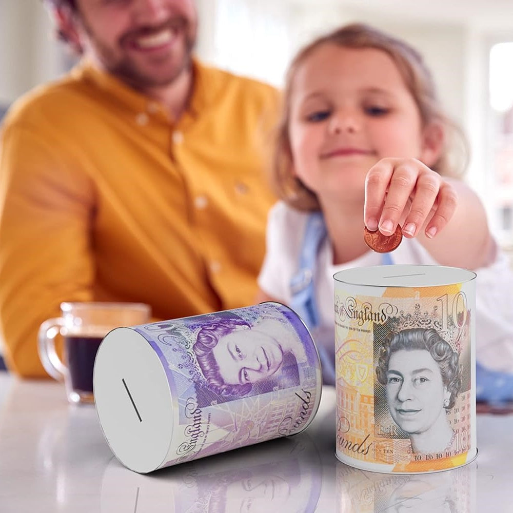 Prima Queen Pound Note Design Money Saving Tin Assorted Colours 15.5cm x 21.5cm Pack of 1 41083-Q | Gift Tin for Coins | Â£10 Â£20 Â£50 Note Print Coin Savings Boxes | Novelty Metal Storage Tins