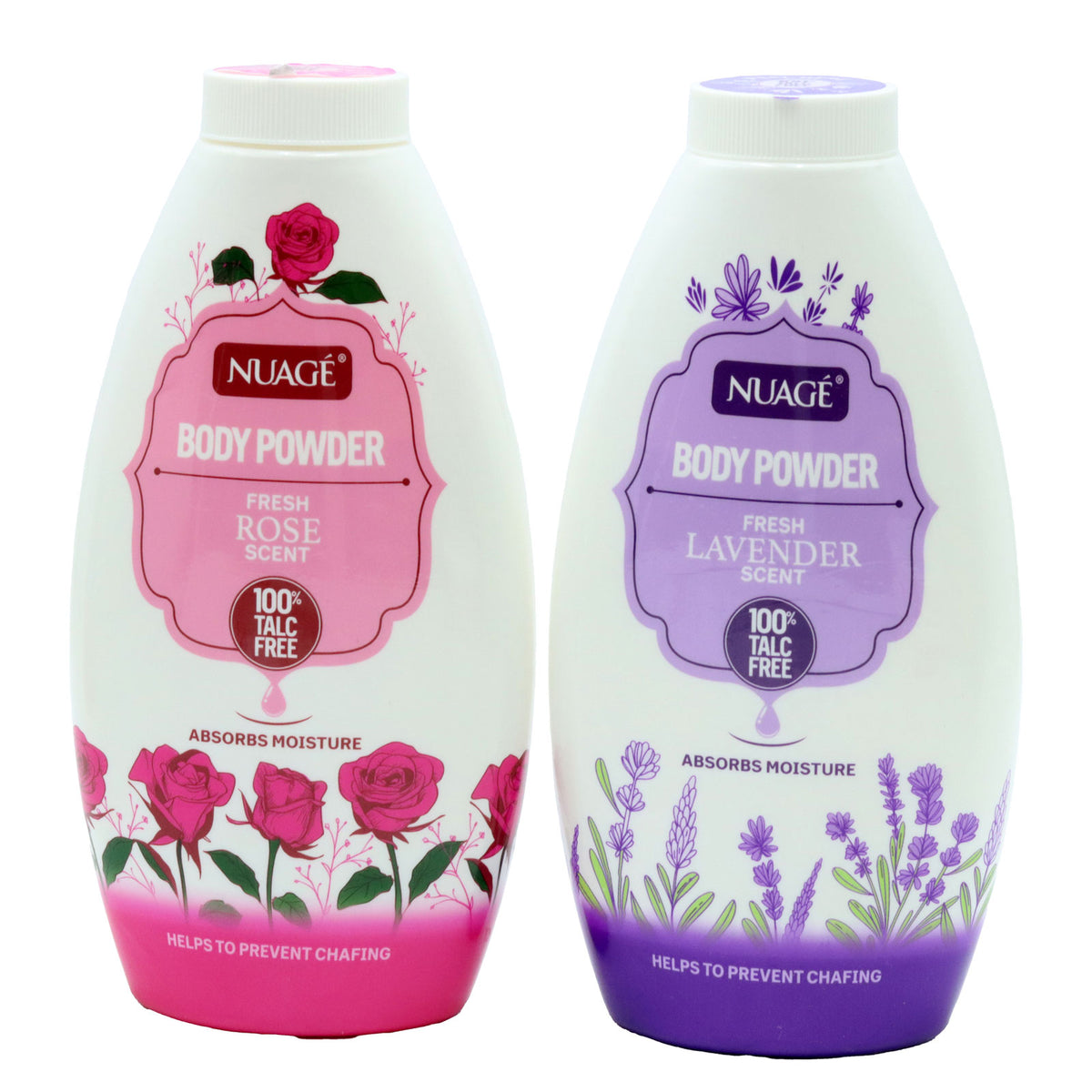 Nuage Talc-Free Body Powder Multicoloured Pack of 1 250g CT058A | Assorted Scents | Fresh Lavender and Fresh Rose Scent | Moisture Absorbing and Anti-Chafing | Gentle Skin Care Powder