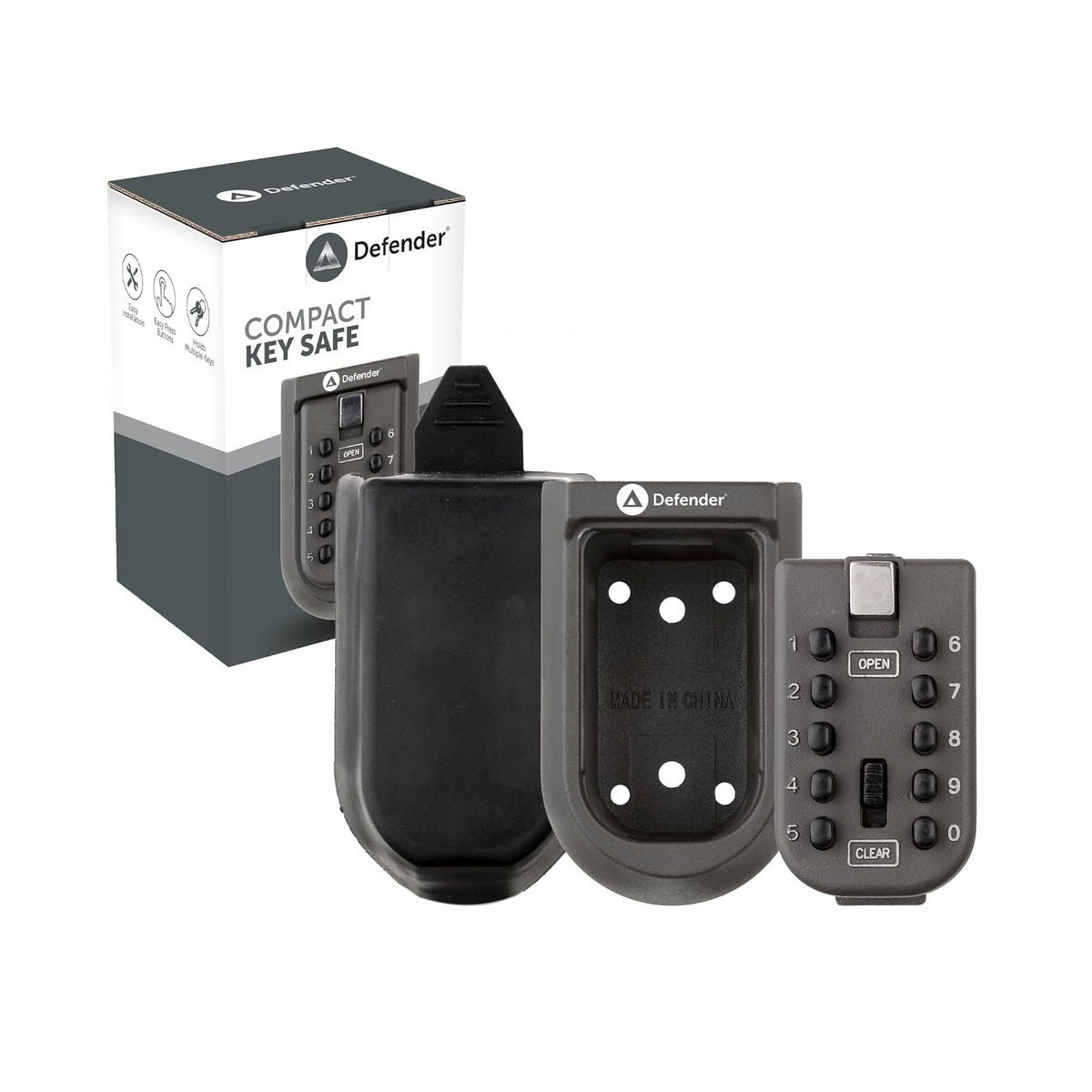 Defender Wall Mounted Compact Key Safe Black 11.8cm x 7.3cm x 6.3cm HA00800 | 10 Push Buttons | User-Friendly Keypad | Easy Operation | Weather-Resistant Cover | Comapct Design | Easy Installation | Holds Multiple Keys | Easy Press Button