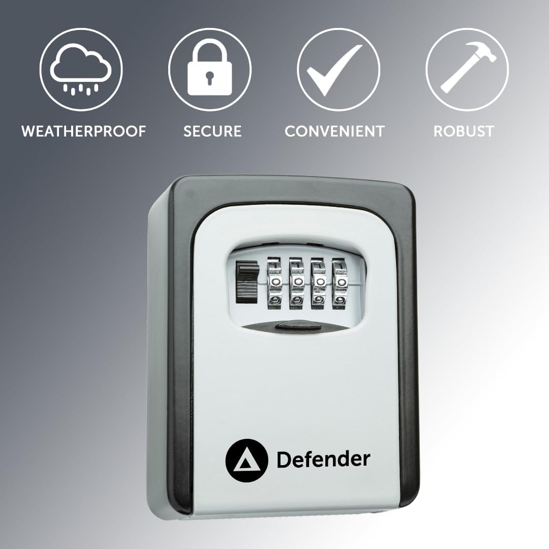 Defender Wall Mounted Combination Key Safe Black and White 4cm x 8.5cm x 12cm HA00793 | 4-Digit Resettable Code | 10000 Combinations | Easy Operation | Weather-Resistant Dial Cover | Comapct Design | Easy Installation | Holds Up to 5 Keys
