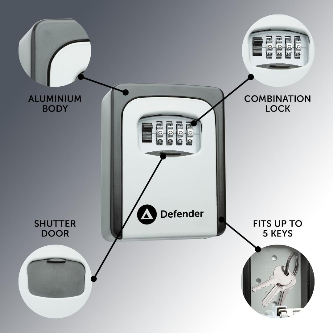 Defender Wall Mounted Combination Key Safe Black and White 4cm x 8.5cm x 12cm HA00793 | 4-Digit Resettable Code | 10000 Combinations | Easy Operation | Weather-Resistant Dial Cover | Comapct Design | Easy Installation | Holds Up to 5 Keys