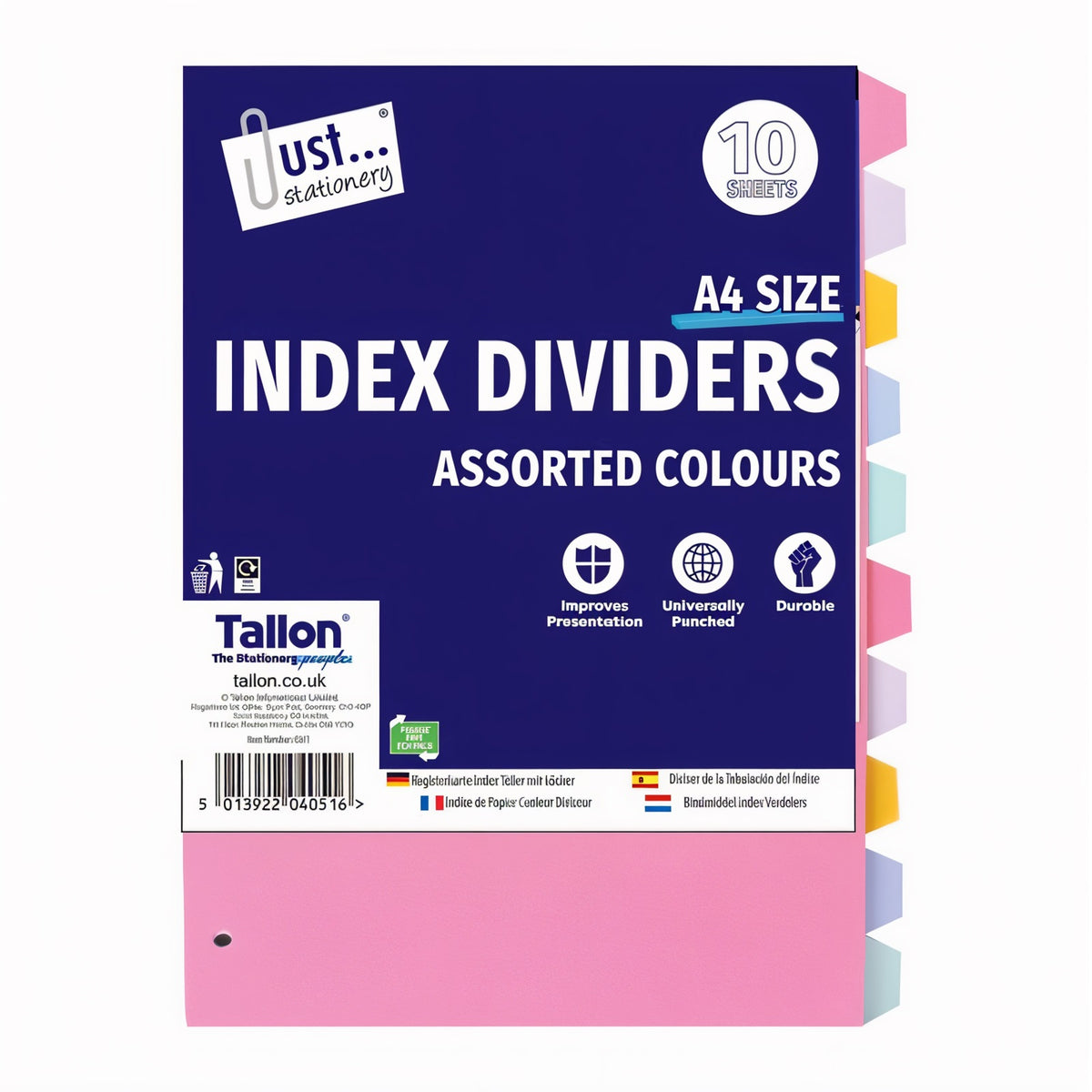 Just Stationery Index Dividers Assorted Colours A4 Pack of 10 4051 | Improves Presentation | Universally Punched | Durable