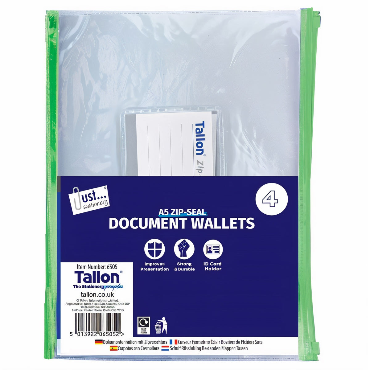 Just Stationery Zip-Seal Document Wallets Assorted A5 Pack of 4 6505 | Improves Presentation | Strong and Durable | ID Card Holder