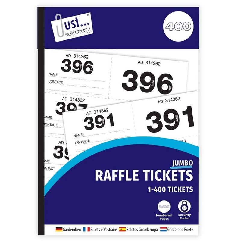 Just Stationery Jumbo Cloakroom Raffle Tickets White 8003 | 1-400 Numbered Pages | Security Coded