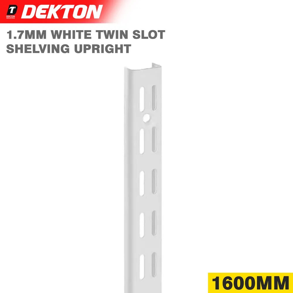 Dekton Heavy-Duty Upright Wall Bracket White 1600mm DH08060 | Slotted Shelf Support Rail | 1.7mm Thick Metal | Wall Mountable | For Garage-Storage and Shelving Systems