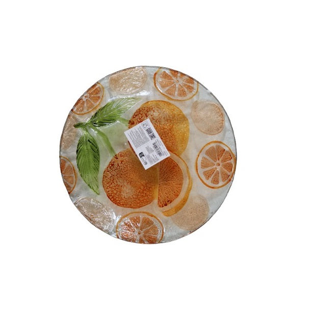 SiL Round Citrus Zest Glass Serving Plate Multicoloured 300mm x 30mm x 300mm 944g KG3841 | With Embossed Orange Fruit Design | For Appetisers-Desserts-Snacks or Table Display