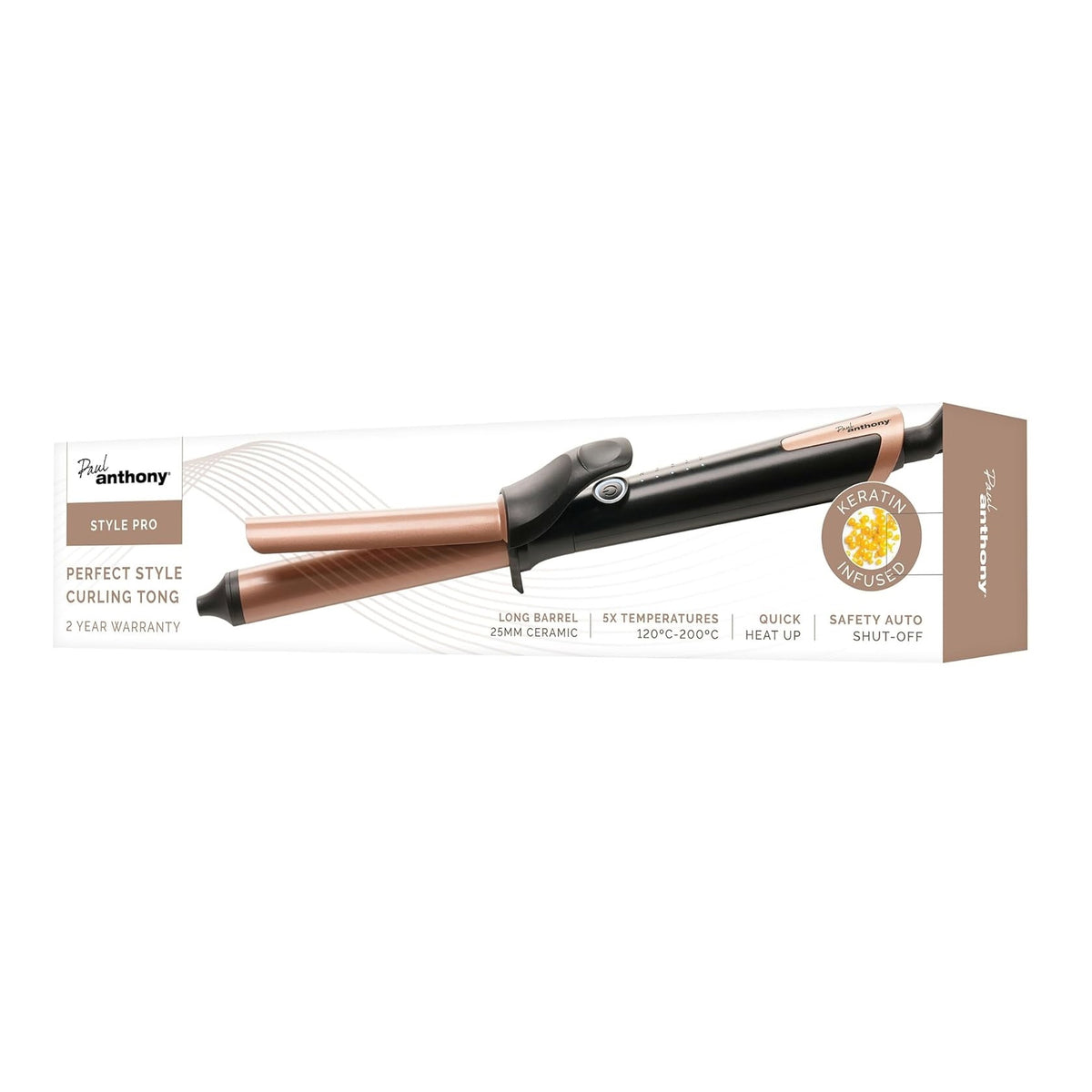 Paul Anthony Style Pro Perfect Style Curling Tong Black and Brown H2117 | 25mm Ceramic Barrel | 5 Temperature Settings | Quick Heat Up | Safety Auto Shut-Off | Rubberised Grip Handle | 135mm Long Heating Barrel | Cool Touch Tip | On-Off Switch with LED Indicators | Keratin Coated Plates | 360 Degree Swivel Cord | Suits All Hair Types