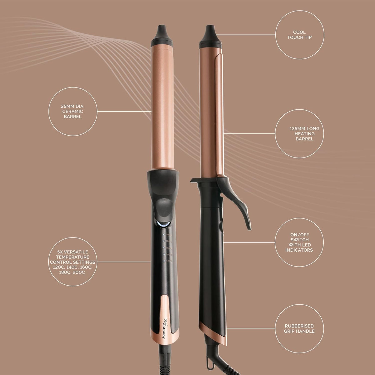 Paul Anthony Style Pro Perfect Style Curling Tong Black and Brown H2117 | 25mm Ceramic Barrel | 5 Temperature Settings | Quick Heat Up | Safety Auto Shut-Off | Rubberised Grip Handle | 135mm Long Heating Barrel | Cool Touch Tip | On-Off Switch with LED