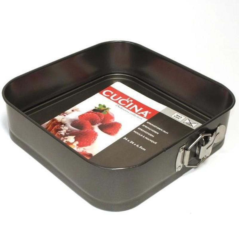 La Cucina Square Non-Stick Springform Pan Baking Tin Black 24cm x 24cm x 6.5cm | Leakproof Cake Tin | Oven Safe up to 200 Degree Celcius | Easy Release | Ideal for Cheesecakes and Desserts