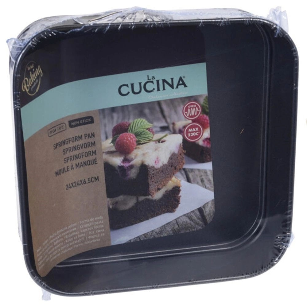 La Cucina Square Non-Stick Springform Pan Baking Tin Black 24cm x 24cm x 6.5cm | Leakproof Cake Tin | Oven Safe up to 200 Degree Celcius | Easy Release | Ideal for Cheesecakes and Desserts