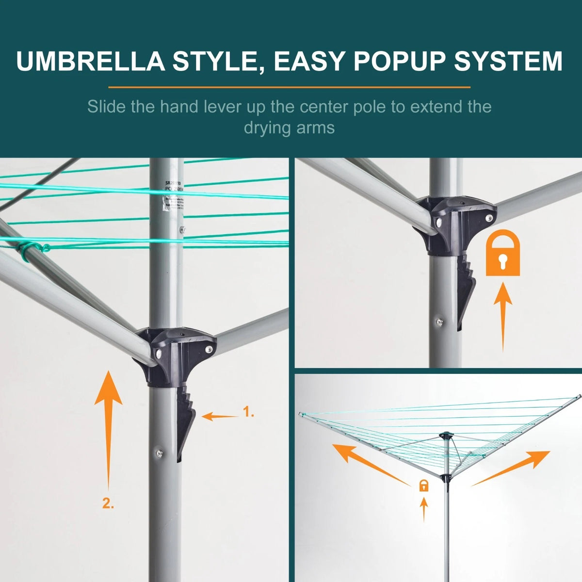 Our House 3 Arm Rotary Airer Black and Green 26Mtr SR20110 | Robust Powder Coated Steel Frame | 26Mtr Easy to Use PVC Coated Line | Easy to Use Umbrella System | Practical Tensioning System with Catch | Includes Powder Coated Steel Ground Spike