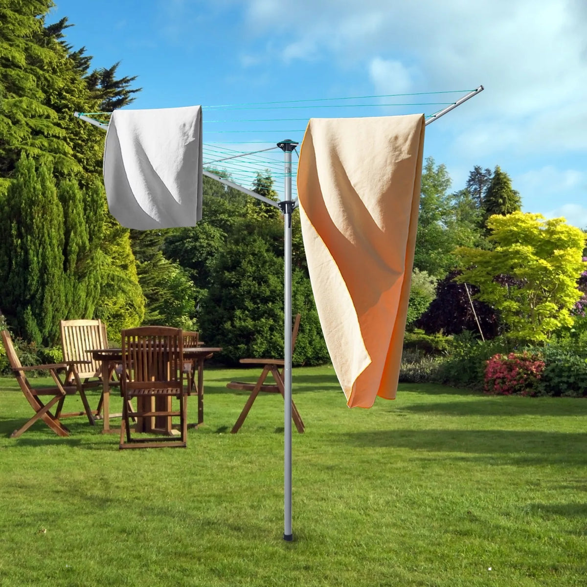 Our House 3 Arm Rotary Airer Black and Green 26Mtr SR20110 | Robust Powder Coated Steel Frame | 26Mtr Easy to Use PVC Coated Line | Easy to Use Umbrella System | Practical Tensioning System with Catch | Includes Powder Coated Steel Ground Spike