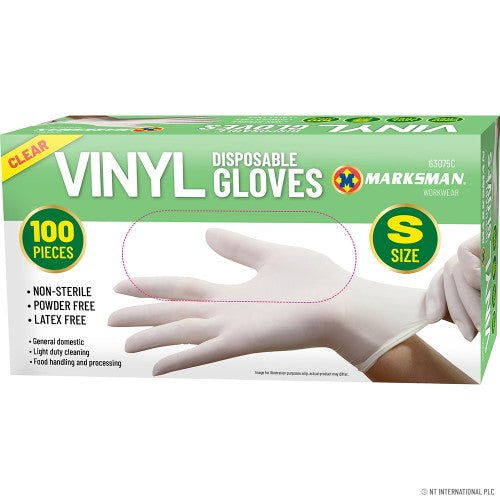 Marksman Vinyl Disposable Gloves Clear Small Pack of 100 63075C | Non-Sterile | Powder Free | Latex Free | Use for General Domestic - Light Duty Cleaning - Food Handling and Processing