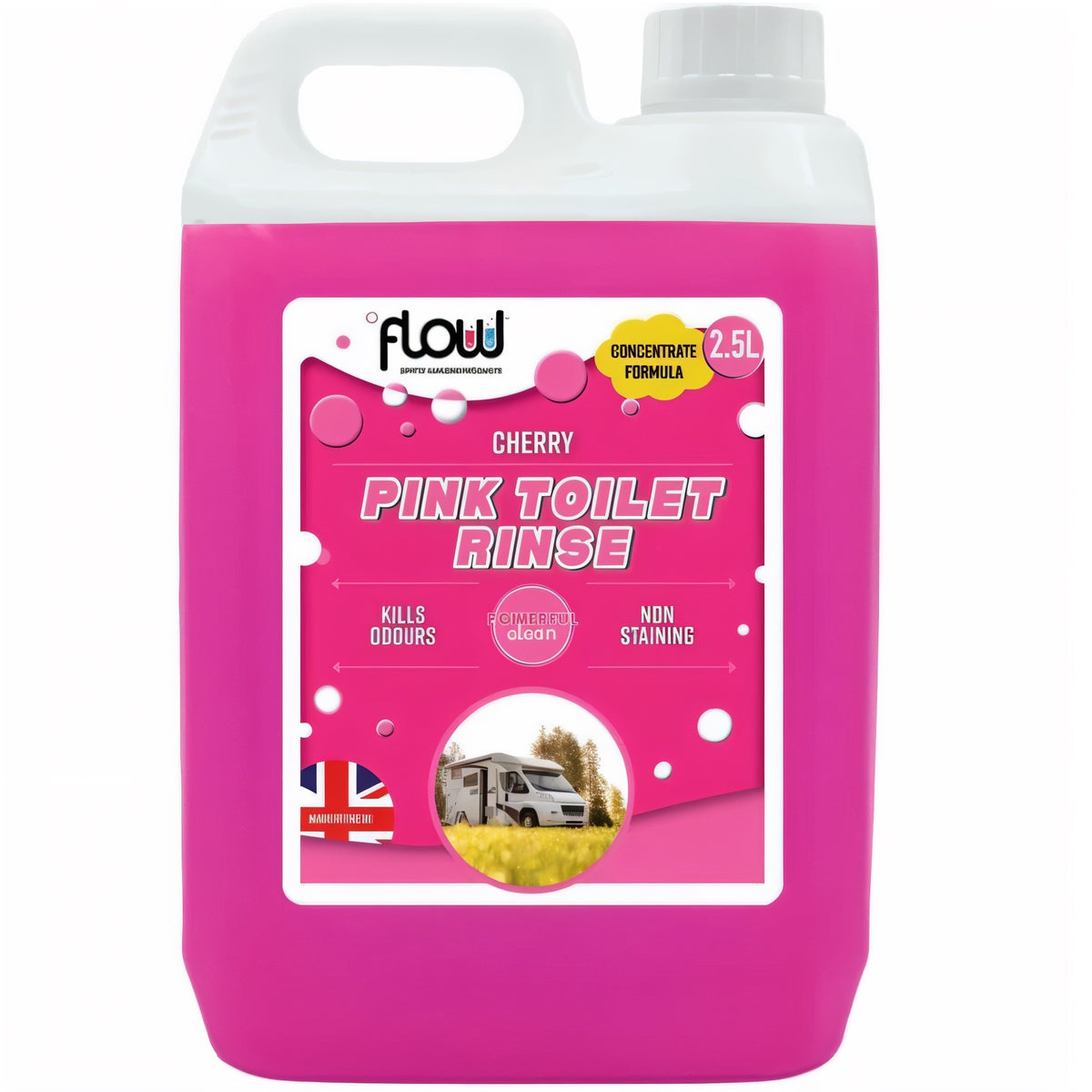 Flow Cherry Toilet Rinse Pink 2.5Ltr PINK2L | Concentrate Formula | Kills Odours | Non Staining | Powerful Clean