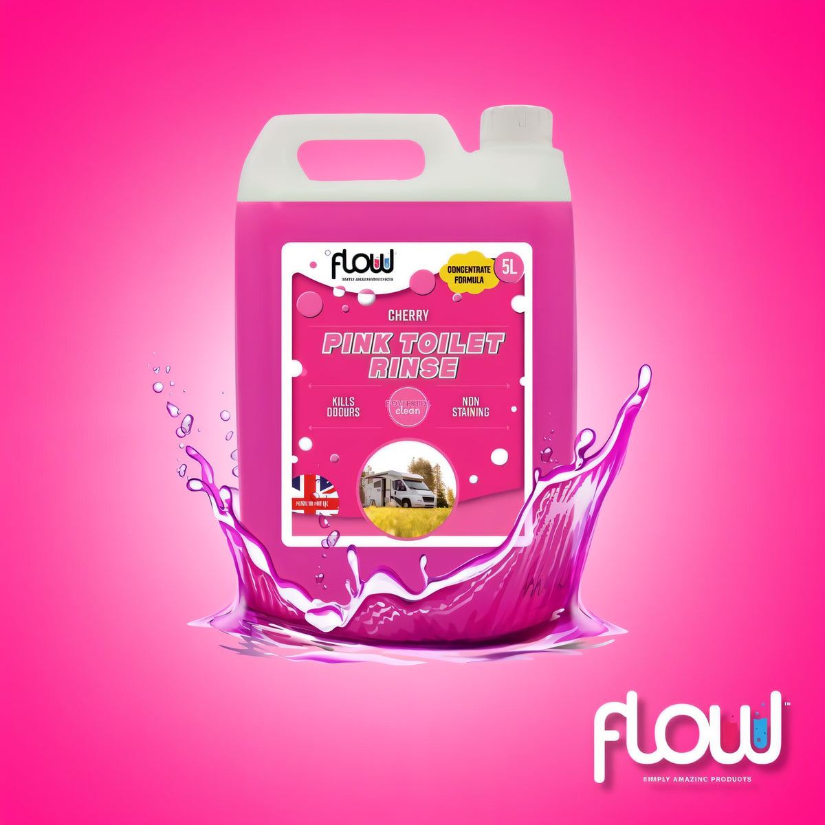 Flow Cherry Toilet Rinse Pink 2.5Ltr PINK2L | Concentrate Formula | Kills Odours | Non Staining | Powerful Clean