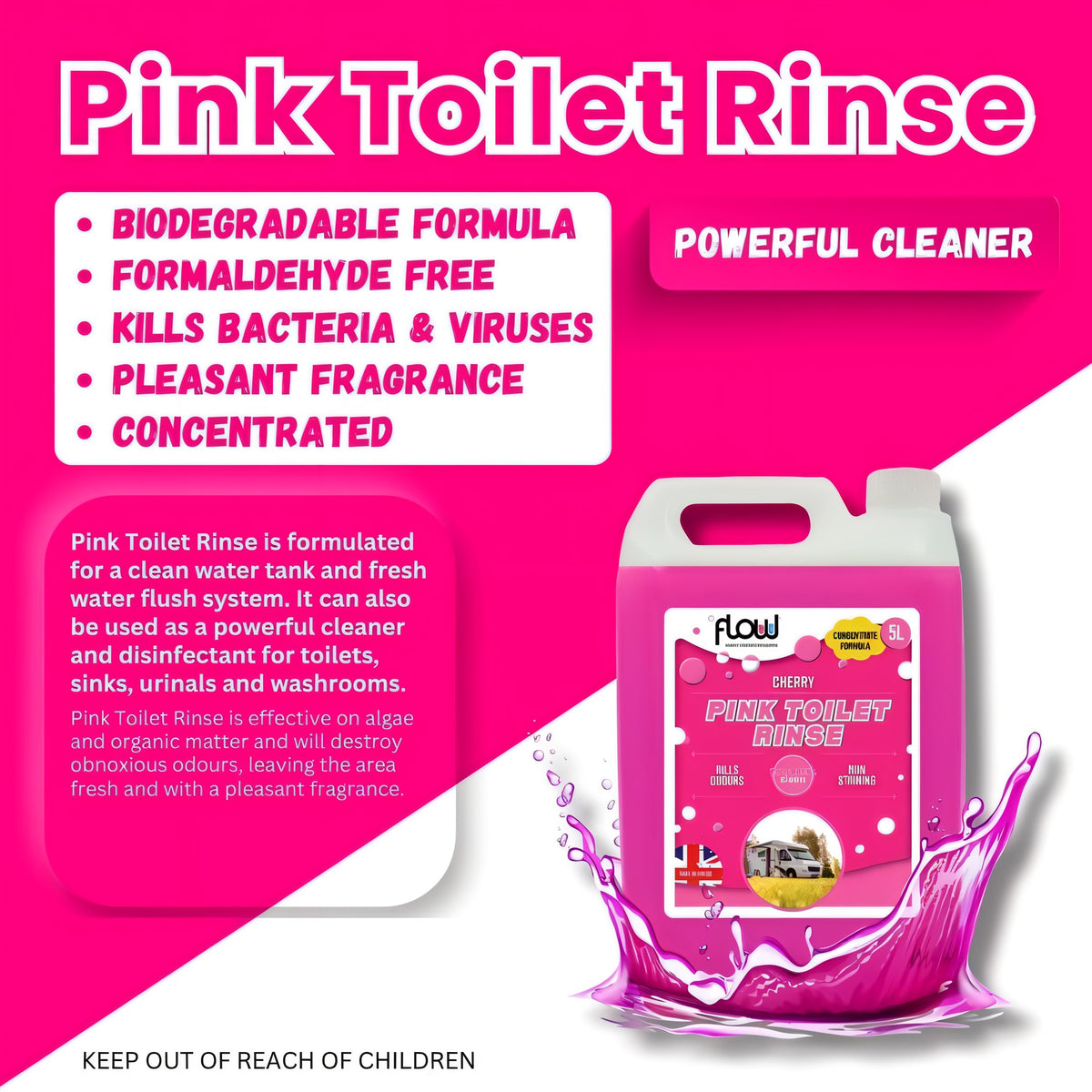 Flow Cherry Toilet Rinse Pink 2.5Ltr PINK2L | Concentrate Formula | Kills Odours | Non Staining | Powerful Clean