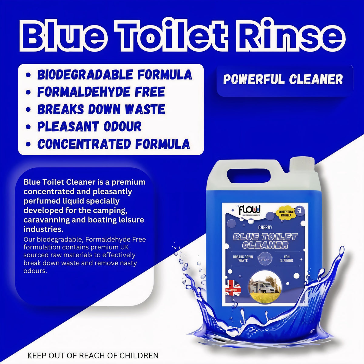 Flow Cherry Toilet Cleaner Blue 2.5Ltr BLUE2L | Concentrate Formula | Breaks Down Waste | Non Staining | Powerful Clean
