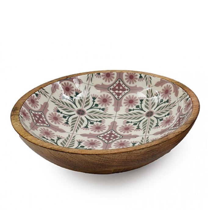 SiL Decorative Wooden Enamel Bowl with Floral Ceramic Inlay Multicoloured 250mm x 250mm x 70mm 656g KG3870 | Rustic Serving Dish | For Salads-Snacks or Home Decor | Made from Mango Wood