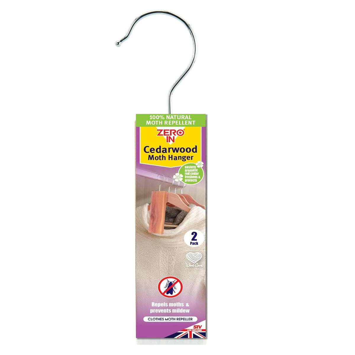 STV Zero In Cedarwood Moth Hangers Brown Pack of 2 ZER032 | Natural Moth Repellent with Hook | Repels Moths and Prevents Mildew | Eastern Aromatic Red Cedar | Refresh and Reuse