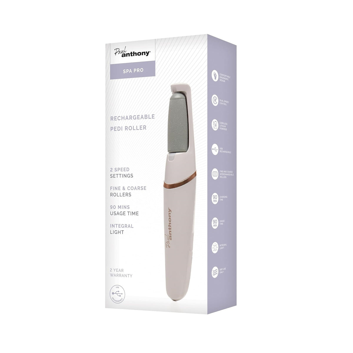 Paul Anthony Spa Pro Rechargeable Pedi Roller White H3402 | Dual Speed | Fine and Coarse Rollers | USB Charging | 90 Minutes Use | Ergonomic and Cordless Design | Integral Light | For Callusee-Cracked-Rough and Dry Skin | 10 Minutes Single Use
