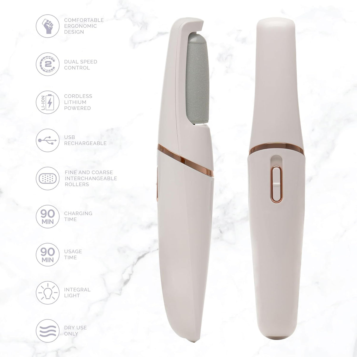 Paul Anthony Spa Pro Rechargeable Pedi Roller White H3402 | Dual Speed | Fine and Coarse Rollers | USB Charging | 90 Minutes Use | Ergonomic and Cordless Design | Integral Light | For Callusee-Cracked-Rough and Dry Skin | 10 Minutes Single Use