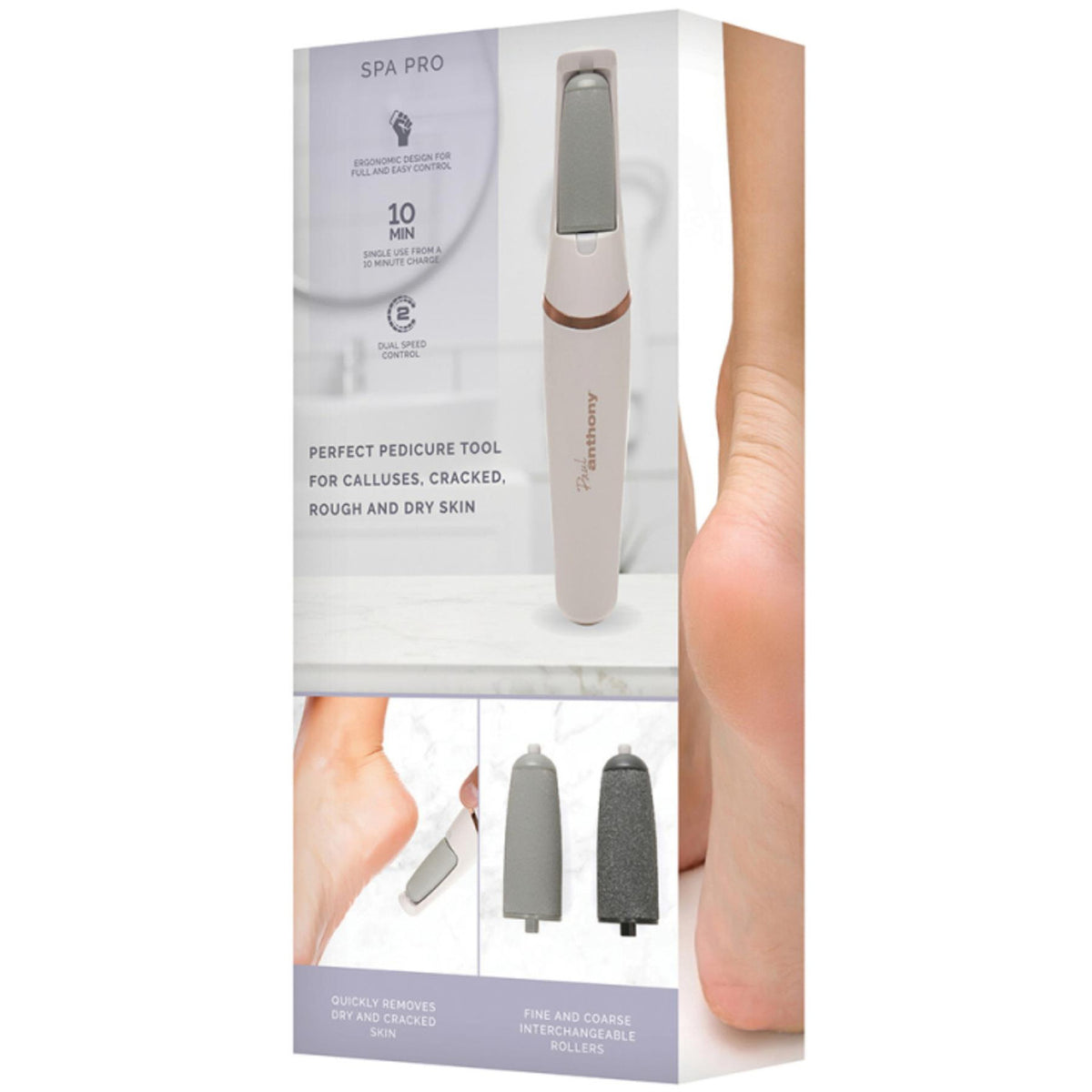 Paul Anthony Spa Pro Rechargeable Pedi Roller White H3402 | Dual Speed | Fine and Coarse Rollers | USB Charging | 90 Minutes Use | Ergonomic and Cordless Design | Integral Light | For Callusee-Cracked-Rough and Dry Skin | 10 Minutes Single Use