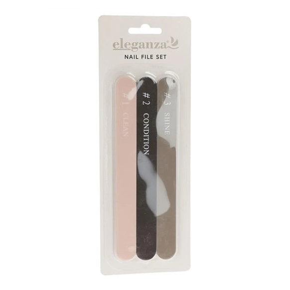 Eleganza 3-Step Nail File Set Assorted Colours Pack of 3 CP8300190 | Clean-Condition and Shine | Buffer Emery Boards for Natural Nail Care