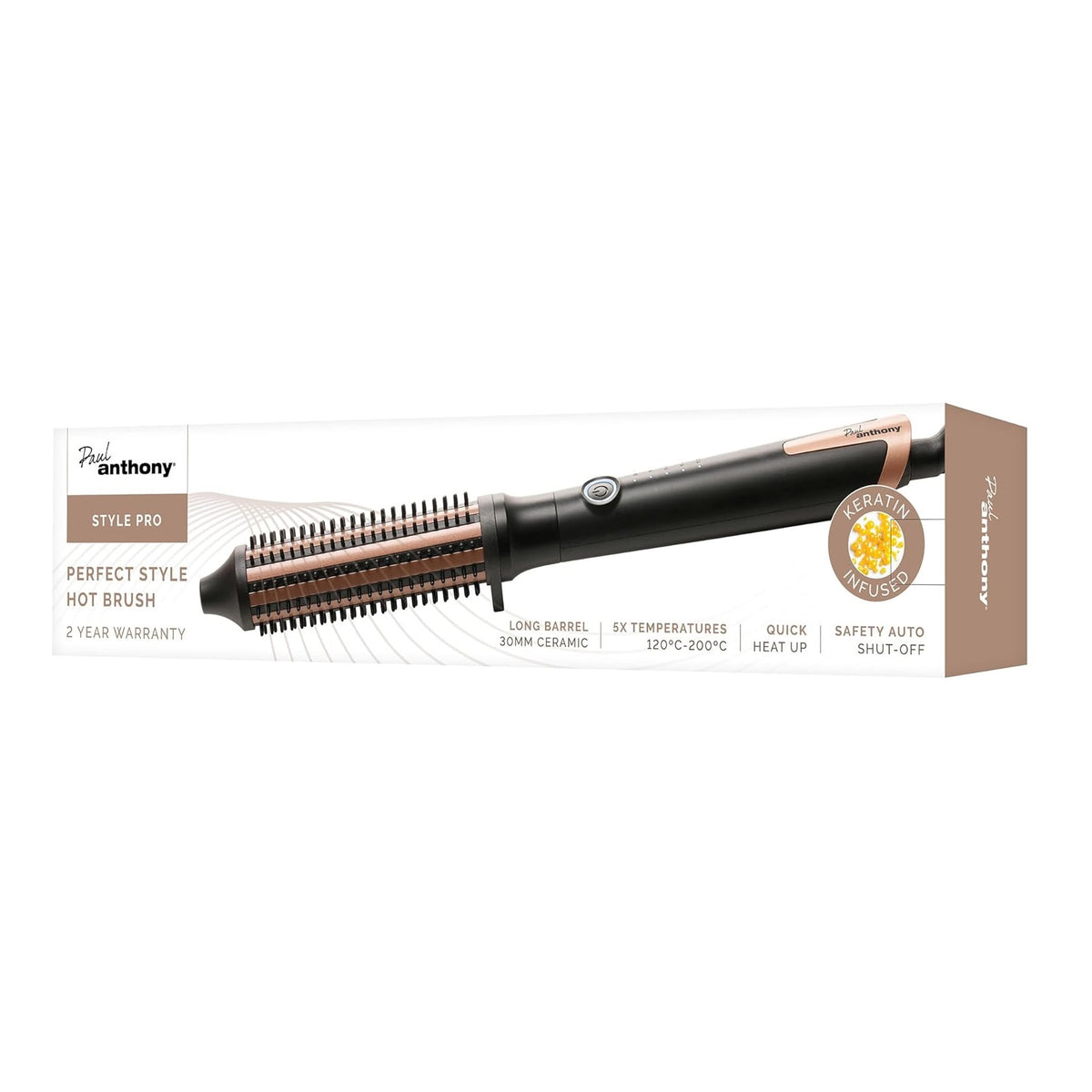 Paul Anthony Style Pro Perfect Style Hot Brush Black and Brown H2120 | 30mm Ceramic Barrel | 5 Temperature Settings | Quick Heat Up | Safety Auto Shut-Off | Rubberised Grip Handle | 110mm Long Heating Barrel | Cool Touch Tip | On-Off Switch with LED Indicators | Keratin Coated Plates | 360 Degree Swivel Cord | Suits All Hair Types