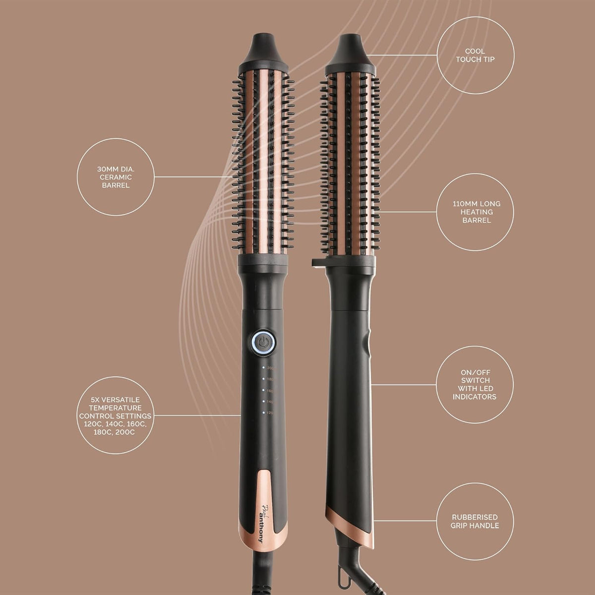 Paul Anthony Style Pro Perfect Style Hot Brush Black and Brown H2120 | 30mm Ceramic Barrel | 5 Temperature Settings | Quick Heat Up | Safety Auto Shut-Off | Rubberised Grip Handle | 110mm Long Heating Barrel | Cool Touch Tip | On-Off Switch with LED
