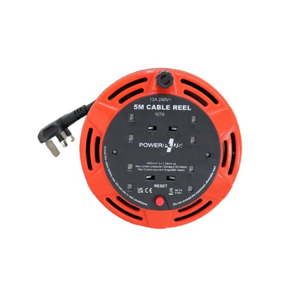 Powerplus 4 Socket Cable Reel Orange and Black 1076 | 5Mtr Cable | 13A 240V | Extension Lead with Thermal Cut-Out | For Home-Office and Workshop Use