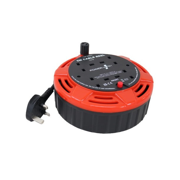 Powerplus 4 Socket Cable Reel Orange and Black 1076 | 5Mtr Cable | 13A 240V | Extension Lead with Thermal Cut-Out | For Home-Office and Workshop Use