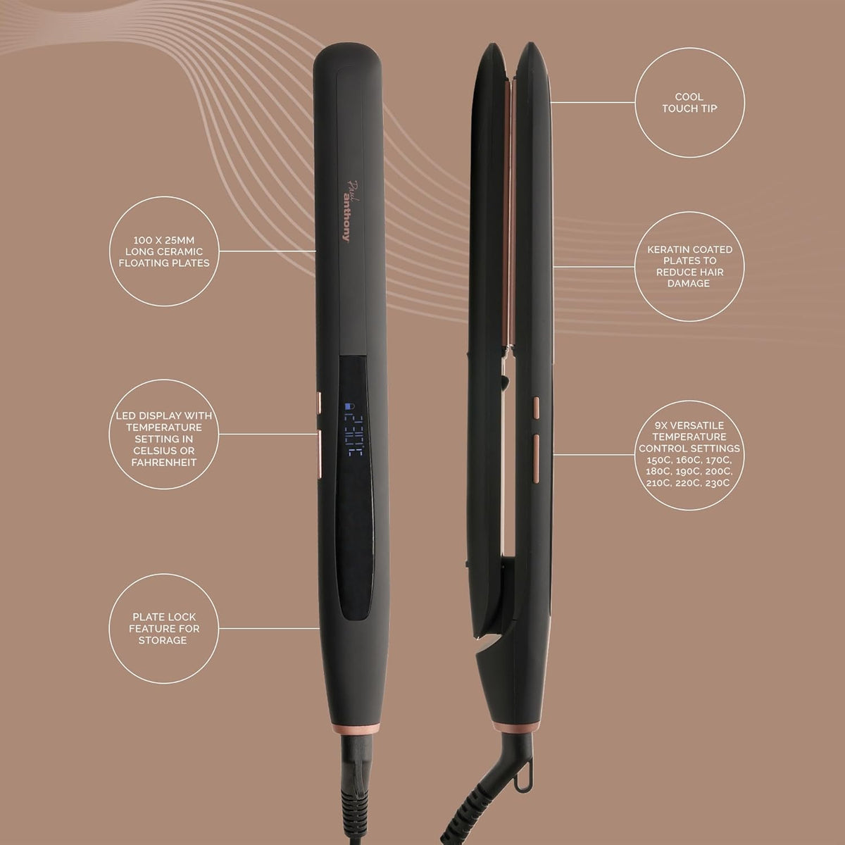 Paul Anthony Style Pro Ceramic Hair Straightener Black and Brown H2214 | 110mm Flaoting Ceramic Plates | 9 Temperature Settings | Quick Heat Up | Safety Auto Shut-Off | Rubberised Grip Handle | 100 x 25mm Long Floating Plates | Cool Touch Tip | LCD