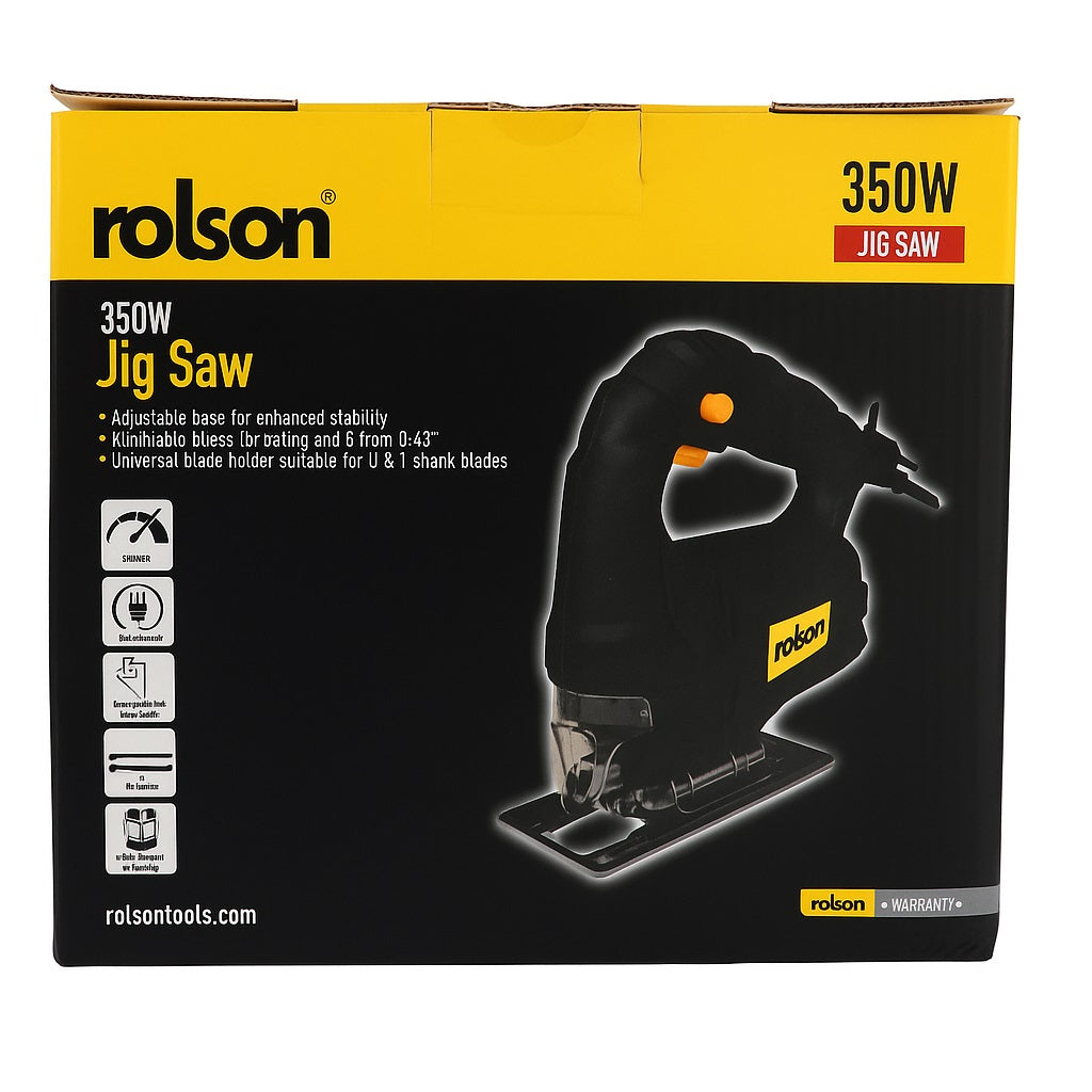 Rolson Jig Saw Black 350W 195mm x 65mm x 195mm 70727 | Adjustable Base for Enhanced Stability | Adjustable Bevel for Cutting Angle from 0-45 Degree | Universal Blade Holder Suitable for U and T Shank Blades | 1 x T Shank Cutting Blade | 1 x U Shank Cutting Blade | 1 x 3mm Hex Key | 2 Metre Cable | 3000 RPM
