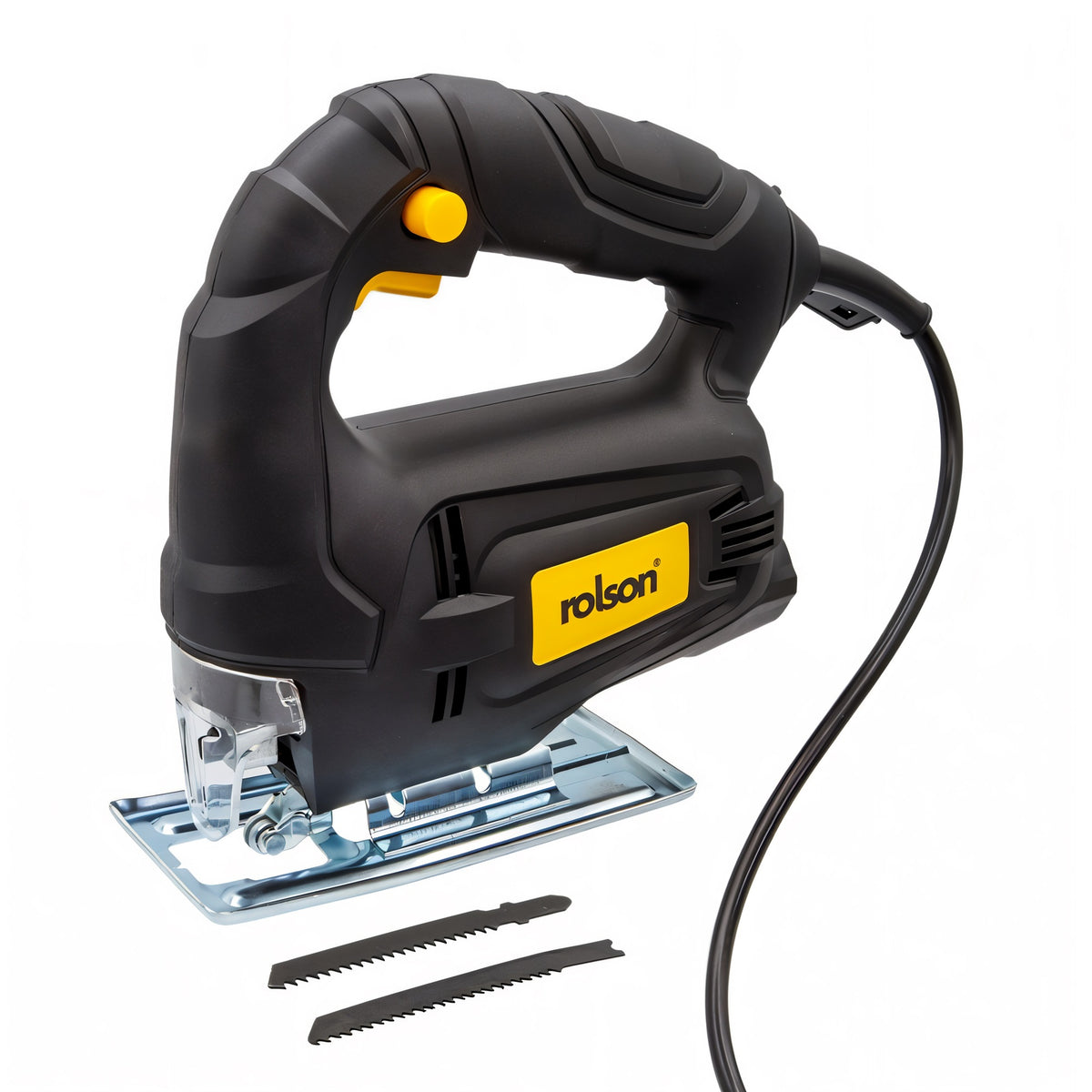 Rolson Jig Saw Black 350W 195mm x 65mm x 195mm 70727 | Adjustable Base for Enhanced Stability | Adjustable Bevel for Cutting Angle from 0-45 Degree | Universal Blade Holder Suitable for U and T Shank Blades | 1 x T Shank Cutting Blade | 1 x U Shank