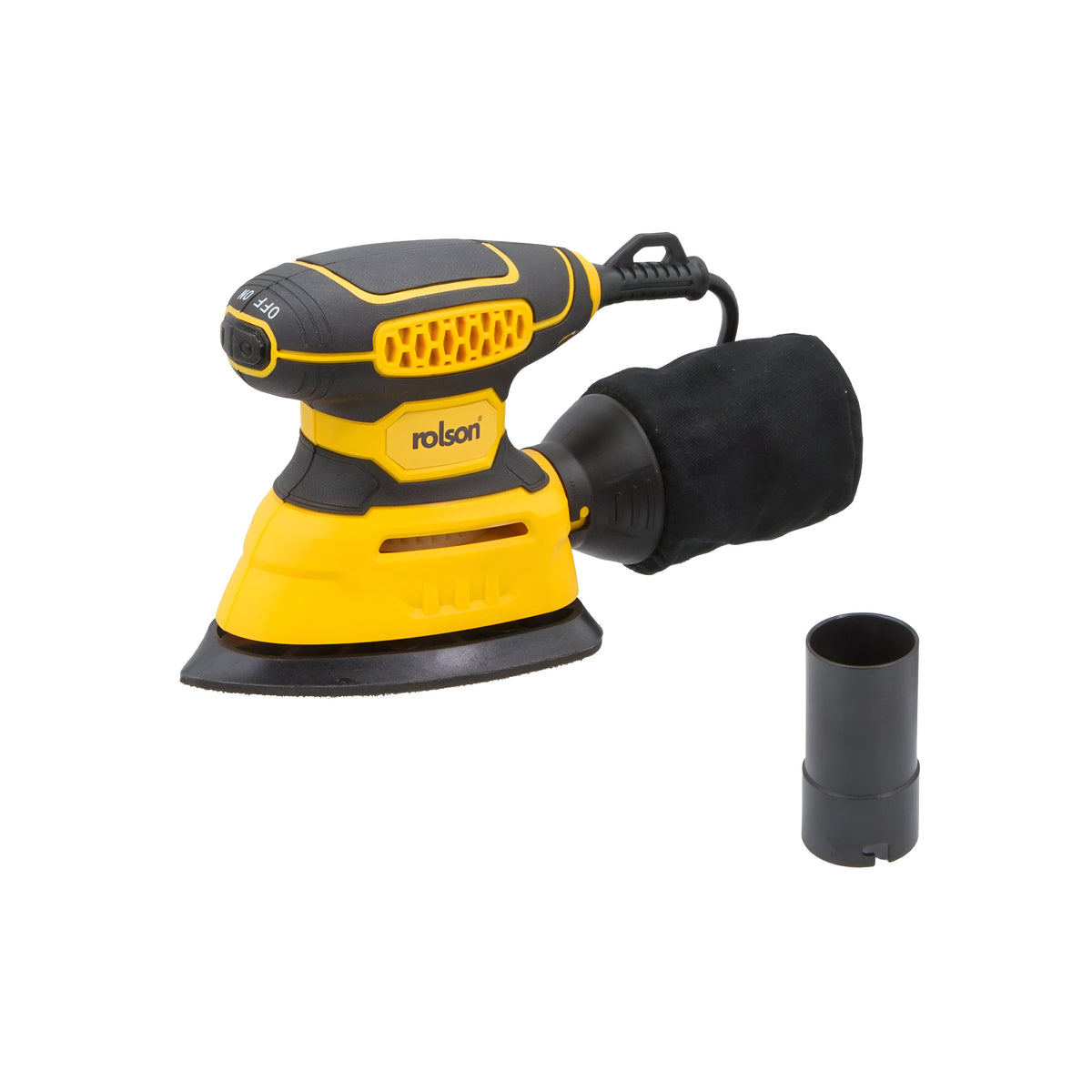 Rolson Mouse Sander Black and Yellow 140W 160mm x 95mm x 130mm 70721 | Hook and Loop Fastening | Efficient Dust Collection System | Includes 1 x Hand Sander - 1 x Dust Tube - 1 x Dust Bag - 1 x 60 Grit Sanding Sheet - 1 x 80 Grit Sanding Sheet - 1 x 120