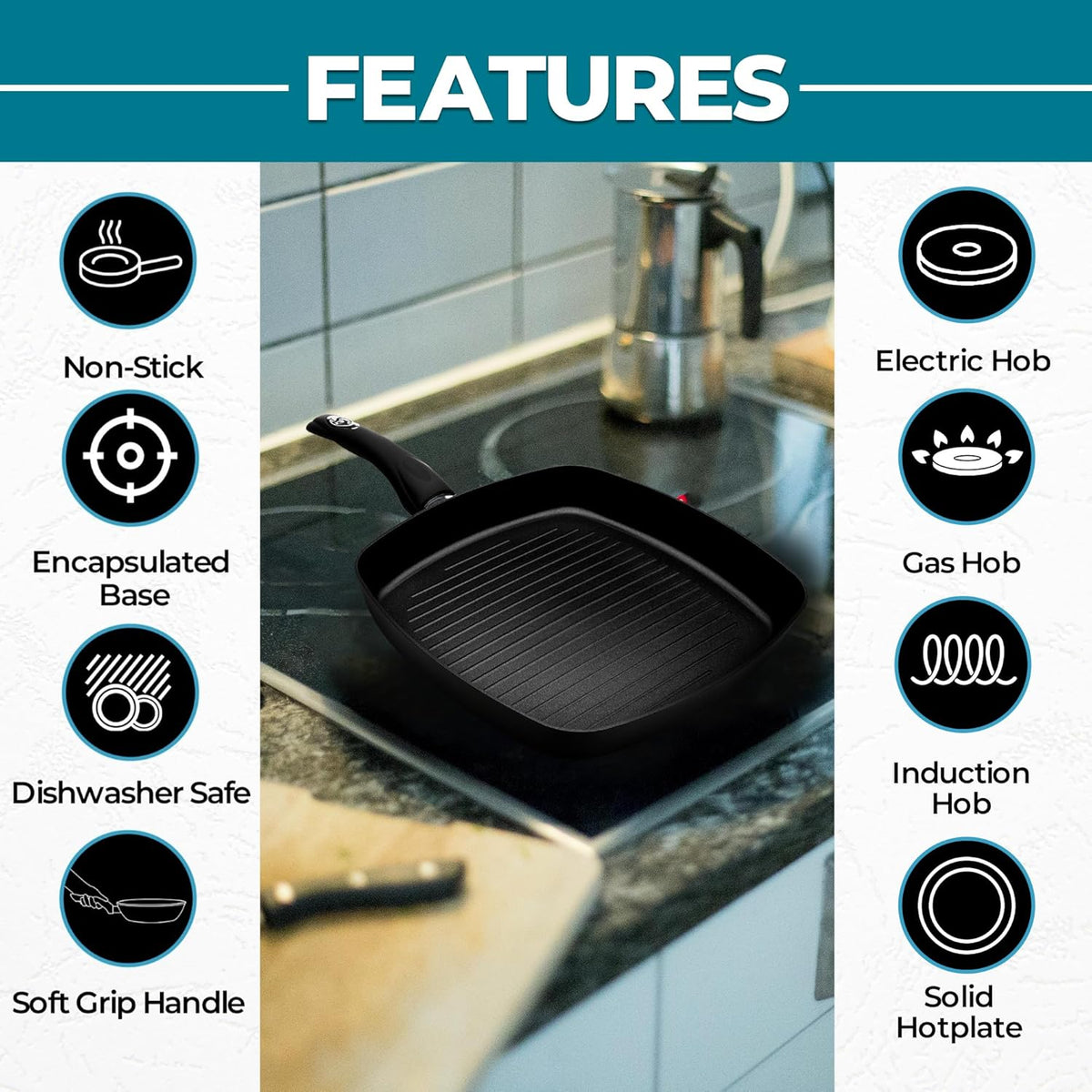 Pendeford Non-Stick Griddle Pan Black 28cm P645 | Improved Induction Base | Soft Touch Handles | Ceramic | Solid Plate | Gas Hob | Halogen | Radiant Rings | Dishwasher Safe