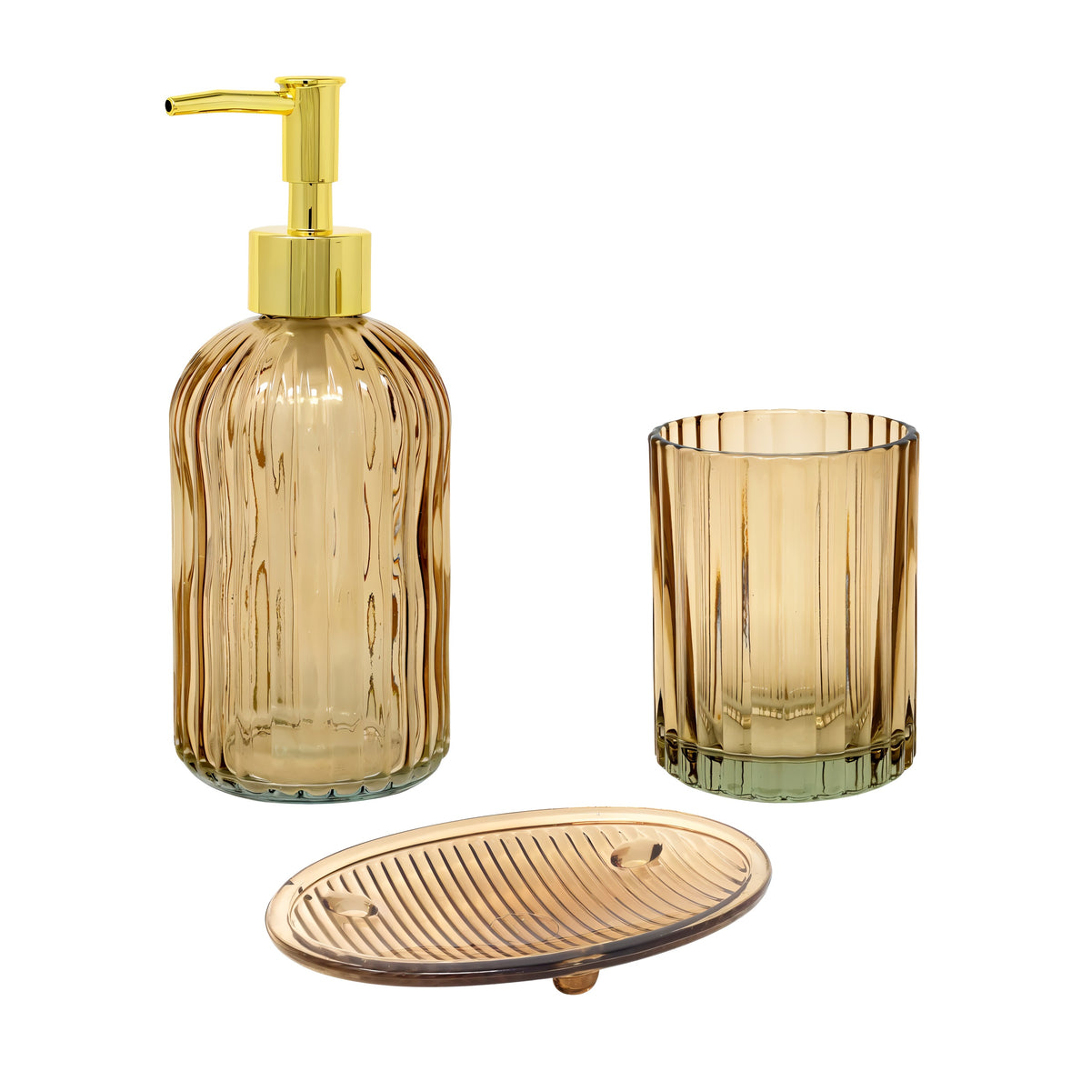 Temerity Jones Ribbed Glass Bathroom Set Amber Pack of 3 BM0280 | Includes Soap Tray - Dispenser and Tumbler
