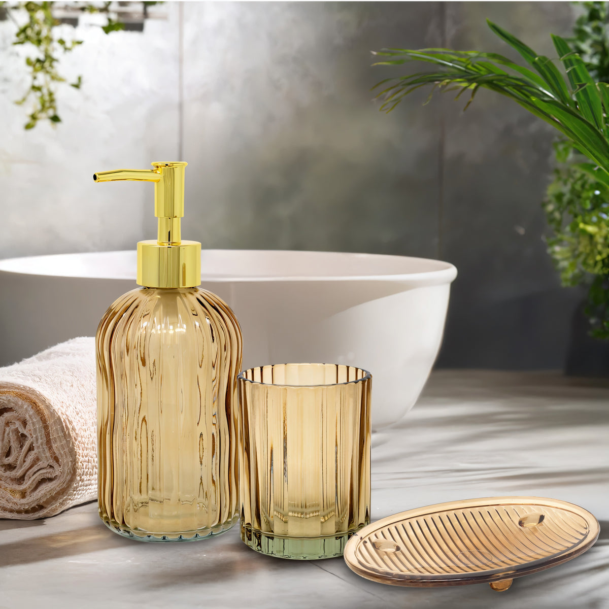 Temerity Jones Ribbed Glass Bathroom Set Amber Pack of 3 BM0280 | Includes Soap Tray - Dispenser and Tumbler
