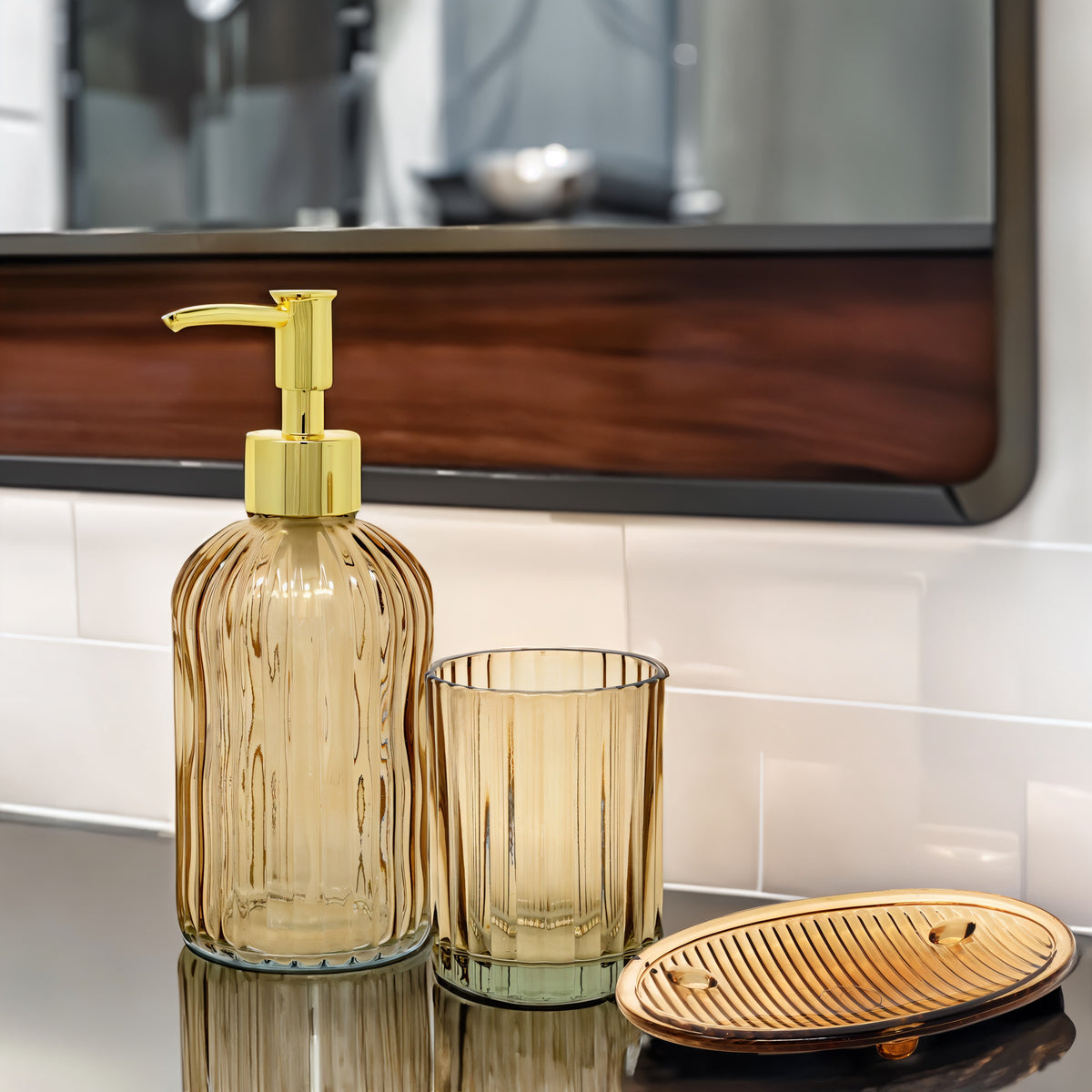 Temerity Jones Ribbed Glass Bathroom Set Amber Pack of 3 BM0280 | Includes Soap Tray - Dispenser and Tumbler