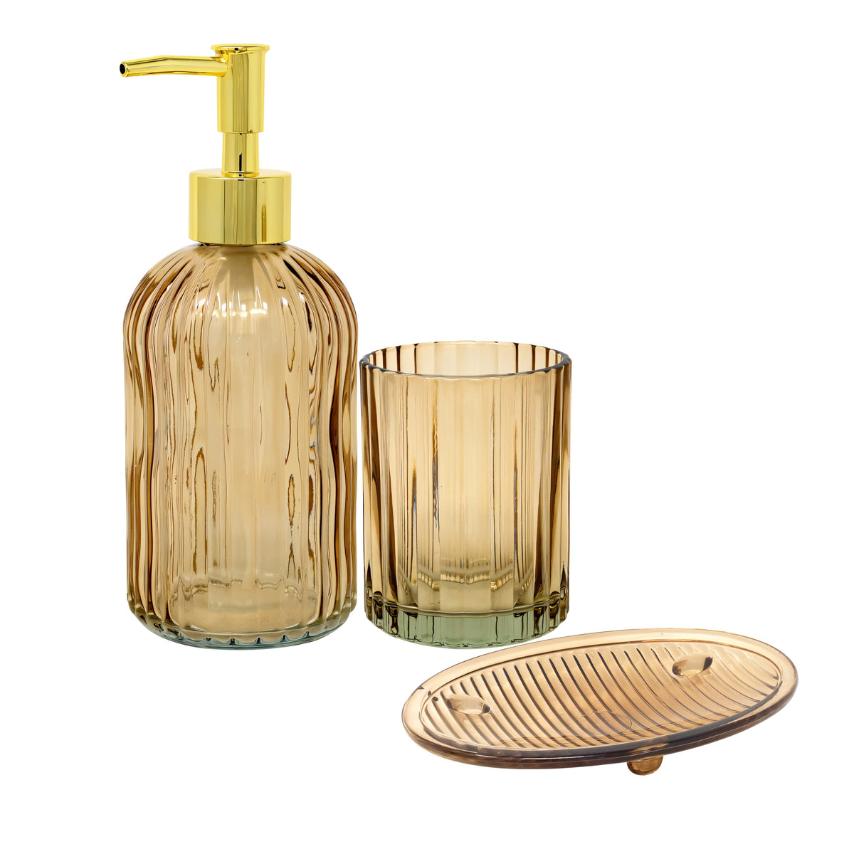 Temerity Jones Ribbed Glass Bathroom Set Amber Pack of 3 BM0280 | Includes Soap Tray - Dispenser and Tumbler