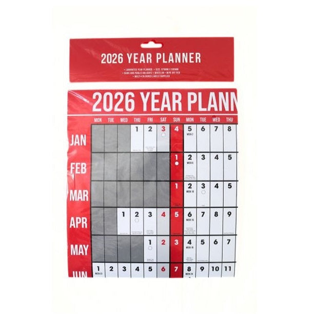 Design Group 2026 Commercial Year Planner Calendar Multicolour 876mm x 585mm YCORCAA4A019 | Laminated Year Planner | Bank and Public Holidays | Write On - Wipe Off Pen | Multi-Coloured Labels Supplied
