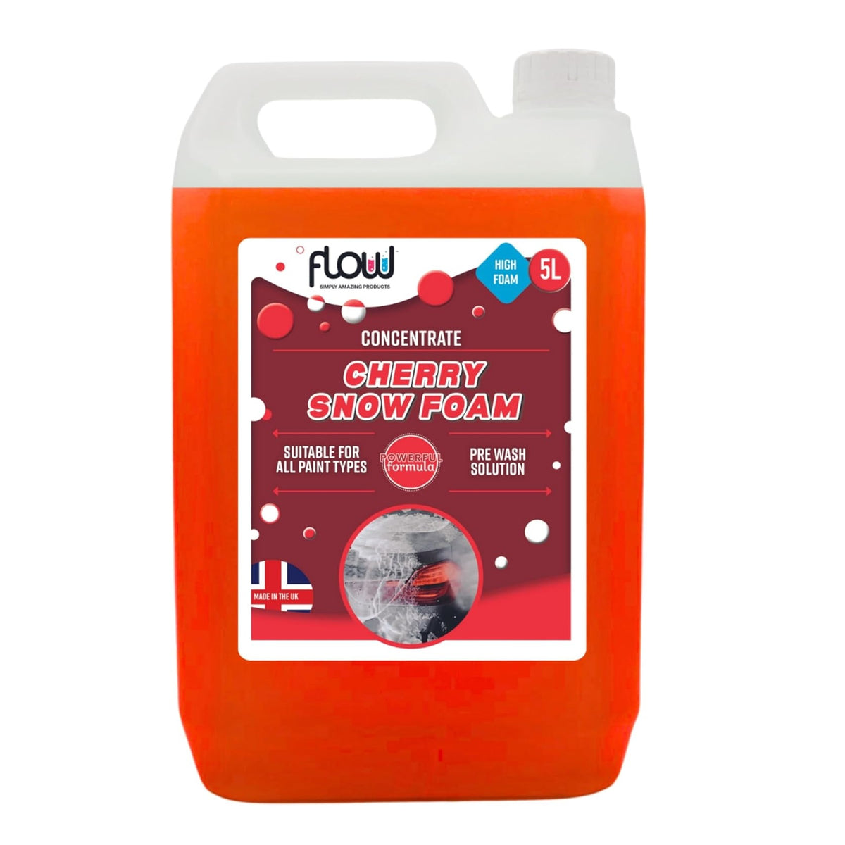 Flow Heavy Duty Foam Detergent Cherry Snow Scent Pink 5Ltr SNOW5L | High Foaming | Prewash Solution | Suitable for All Paint Types | Powerful Formula | Long Lasting | Removes Road Traffic Film and Other Everyday Soiling