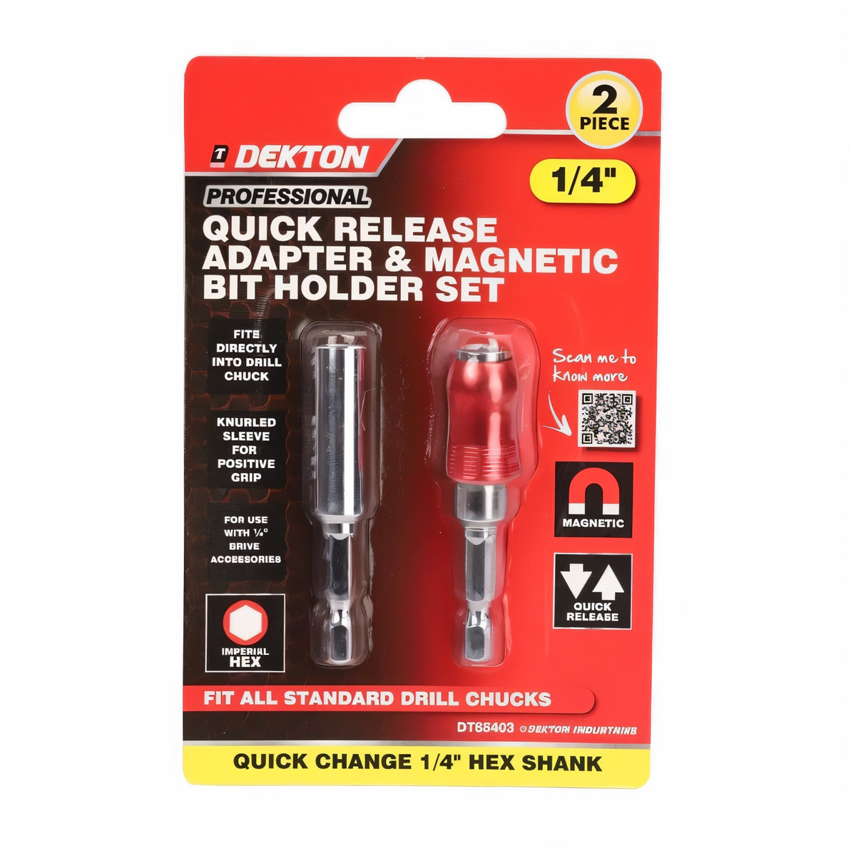 Dekton Professional Quick Release Adapter and Magnetic Bit Holder Set Assorted 6.35mm Pack of 2 DT65403 | Fits Directly into Drill Chuck | Knurled Sleeve for Positive Grip | For Use with 6.35mm Drive Accessories | Quick Release | Imperial Hex | Fit All Standard Drill Chucks