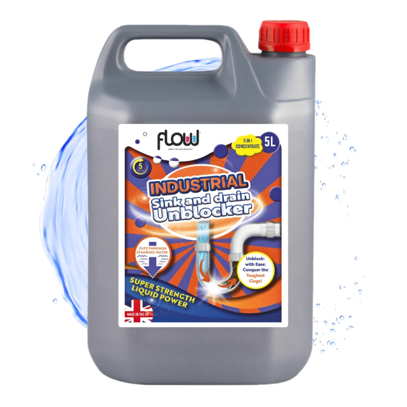 Flow Industrial Sink and Drain Unblocker Grey 5Ltr DRAIN5L | Super Strength Liquid Power | Cuts Through Standing Water | Fast-Acting Formula | Conquer The Toughest Clogs | 5 in 1 Concentrate
