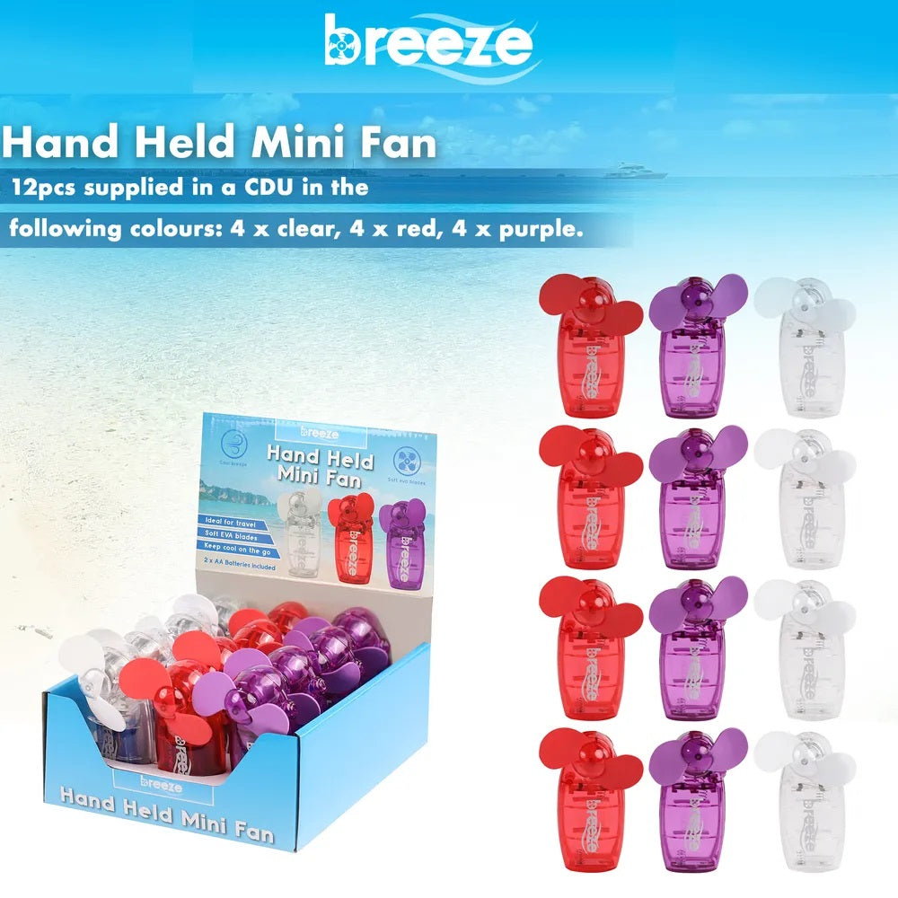 Breeze Hand Held Mini Fan Assorted Colours Pack of 12 DF1010 | Fan with Soft EVA Blades | Ideal for Travel and Outdoor Use | Keep Cool on the Go | 2 x AA Batteries Included