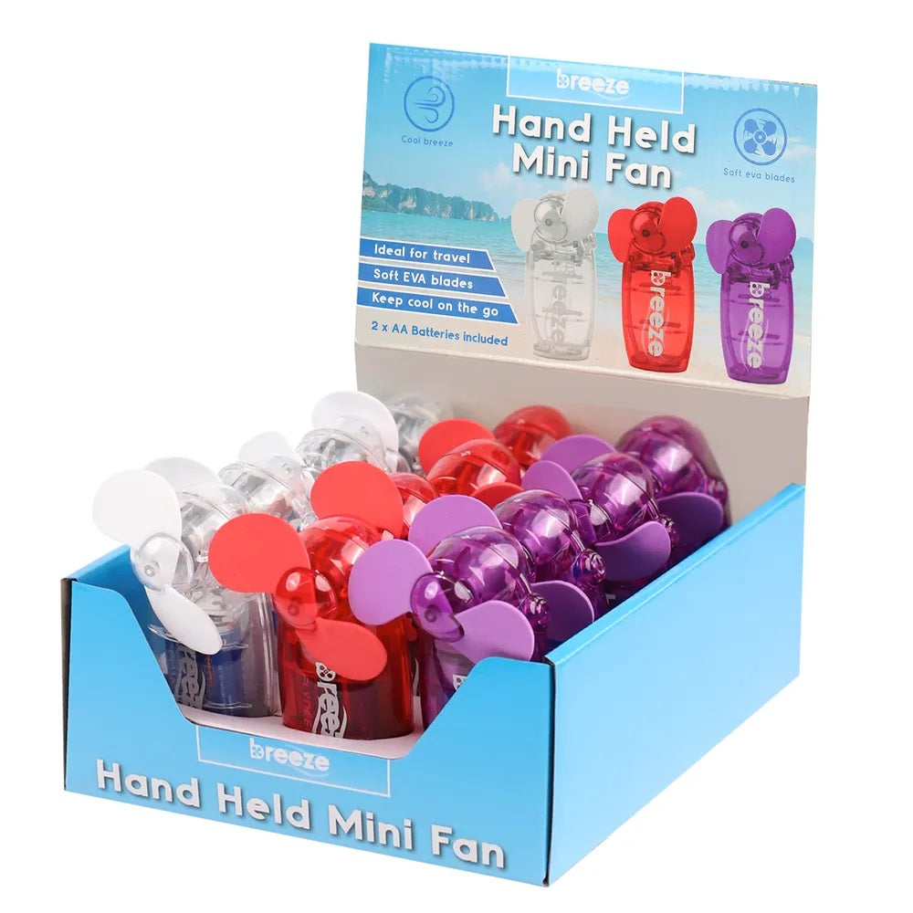 Breeze Hand Held Mini Fan Assorted Colours Pack of 12 DF1010 | Fan with Soft EVA Blades | Ideal for Travel and Outdoor Use | Keep Cool on the Go | 2 x AA Batteries Included
